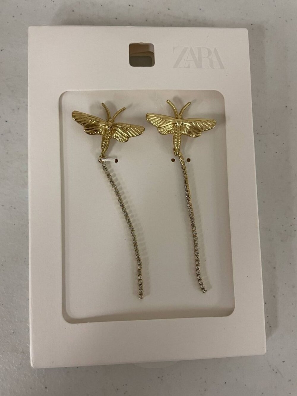 Zara Gold Tone Dragonfly Insect Dangle Earrings Rhinestone Chains New